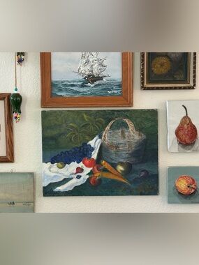 Vintage Still Life Painting - Blue, Green & Red